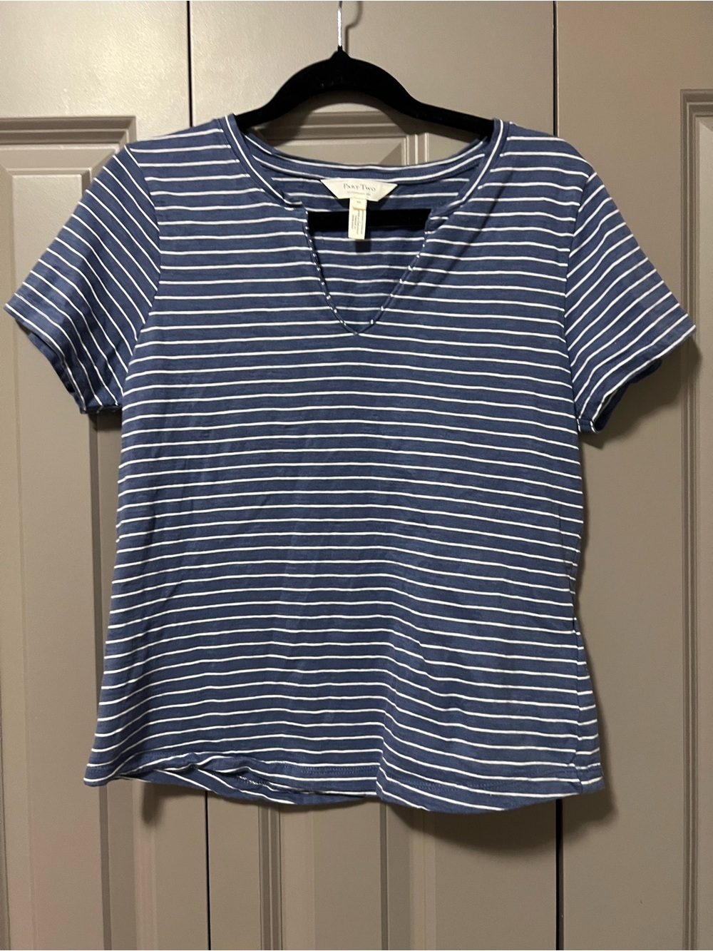 Women's Blue and White Striped V-Neck Tee by Daily Practice